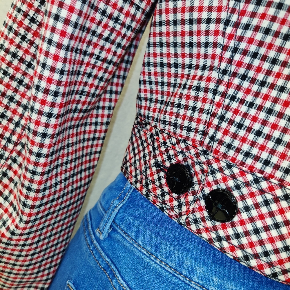 Georgiou Studio Red Black White Check Pattern Cropped Jacket - Size 4 - Picture 7 of 11